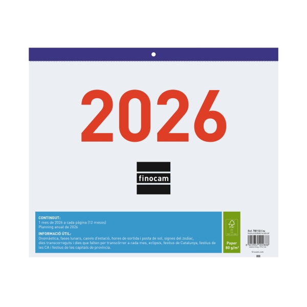 Finocam Calendario Faldilla en Catalan - Anual 2026 - Formato F43 - 300x3x247mm - Espacio para Escribir - Color Blanco y Azul