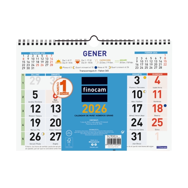 Finocam Calendario de Pared en Catalan - Anual 2026 - Formato M - 300x10x220mm - Numeros Grandes - Color Azul y Blanco