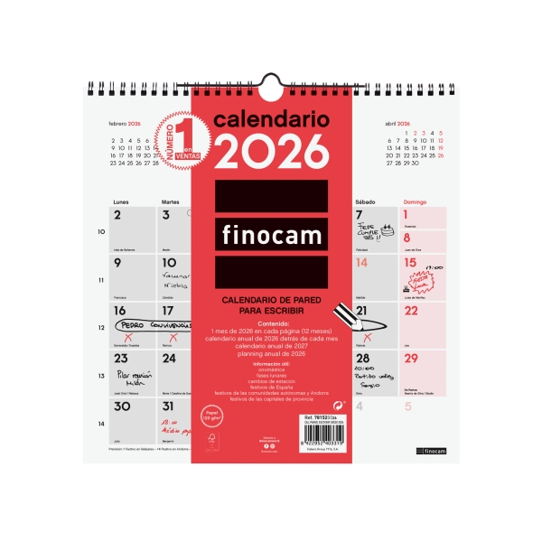 Finocam Calendario de Pared - Anual 2026 - 300x5x310mm - Espacio para Escribir - Color Blanco y Rojo