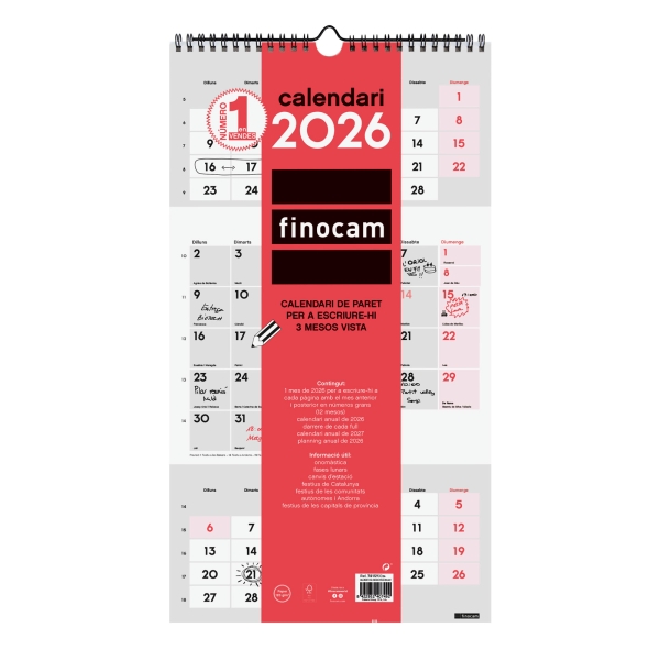Finocam Calendario de Pared en Catalan - Anual 2026 - Espacio para Escribir - 236x8x440mm - 3 Meses Vista - Color Blanco y Rojo