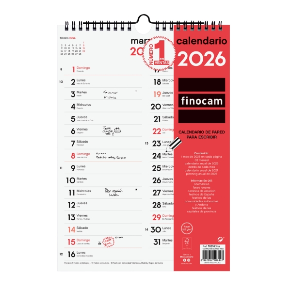 Finocam Calendario de Pared - Anual 2026 - Espacio para Escribir - Formato M - 210x6x305mm - Dos Columnas - Color Blanco y Rojo