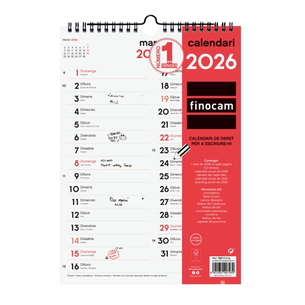 Finocam Calendario de Pared en Catalan - Anual 2026 - Espacio para Escribir - Formato M - 210x6x305mm - Dos Columnas - Color Blanco y Rojo