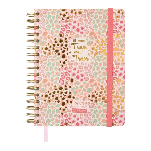 Finocam Talkual Agenda de Espiral en Catalan - Anual 2026 - Tapa Dura - Cierre de Goma - Formato 1/4 - 155x217mm - Semana Vista Horizontal - Tematica de Estampado Oro