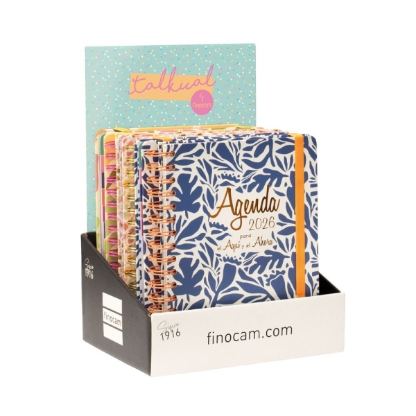 Finocam Talkual Expositor con 6 Agendas de Espiral Surtidas en Catalan - Anual 2026 - Tapa Dura - Cierre de Goma - Semana Vista Horizontal - Color Surtidos