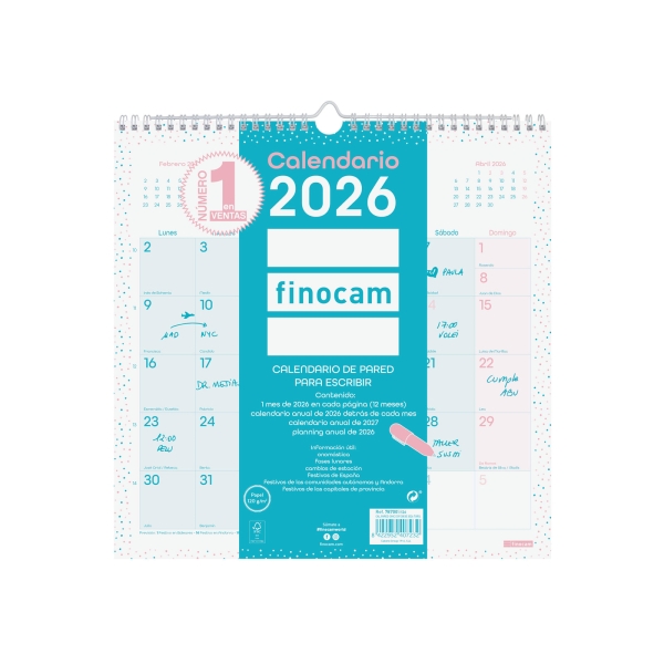 Finocam Chic Calendario de Pared - Anual 2026 - 300x5x310mm - Espacio para Escribir - Color Turquesa