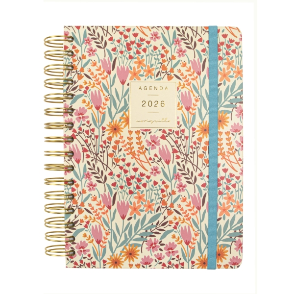 Finocam Moniquilla Agenda de Espiral - Anual 2026 - Planificador - Cierre de Goma - Formato E10 - 155X212mm - 1 Dia por Pagina - Tematica de Flores