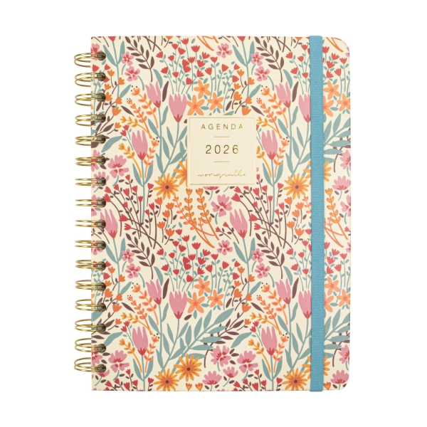 Finocam Moniquilla Agenda de Espiral en Catalan - Anual 2026 - Planificador - Cierre de Goma - Formato E10 - 155X212mm - Semana Vista Horizontal - Tematica de Flores