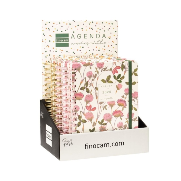 Finocam Moniquilla Expositor con 8 Agendas de Espiral Surtidas en Catalan - Anual 2026 - Planificador - Cierre de Goma - Formato E10 - Color Surtidos