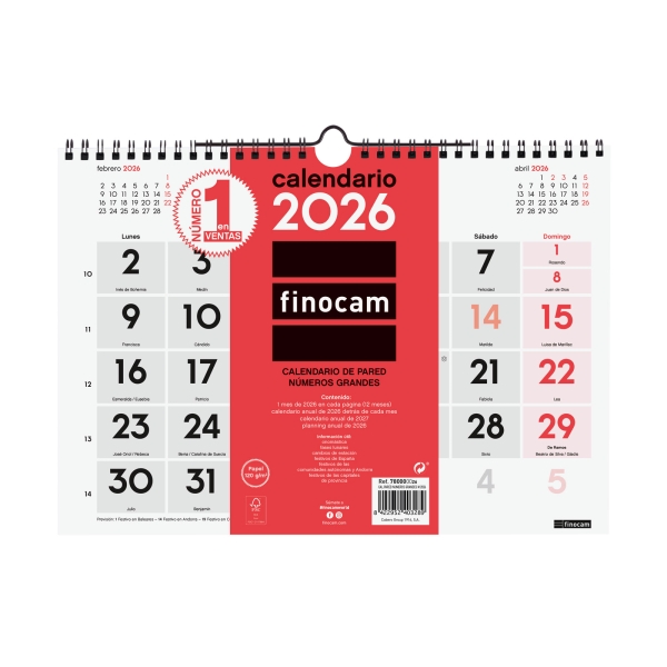 Finocam Calendario de Pared - Anual 2026 - Formato M - 300x5x220mm - Numeros Grandes - Color Blanco y Rojo
