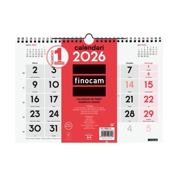 Finocam Calendario de Pared en Catalan - Anual 2026 - Formato M - 300x5x220mm - Numeros Grandes - Color Blanco y Rojo