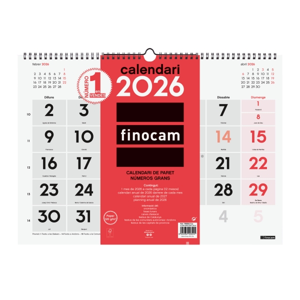 Finocam Calendario de Pared en Catalan - Anual 2026 - 430x5x320mm - Numeros Grandes - Color Blanco y Rojo