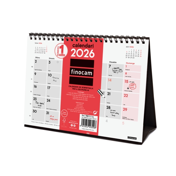 Finocam Calendario de Sobremesa en Catalan - Anual 2026 - 210x70x155mm - Espacio para Escribir - Color Blanco y Rojo