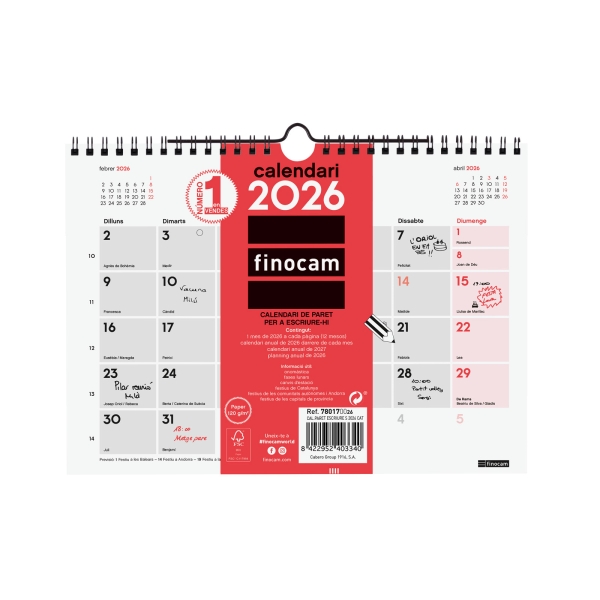 Finocam Calendario de Pared en Catalan - Anual 2026 - 210x5x160mm - Espacio para Escribir - Color Blanco y Rojo