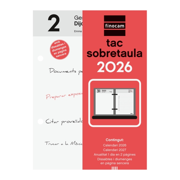 Finocam Taco de Sobremesa en Catalan - Anual 2026 - 85x35x120mm - Color Blanco y Rojo