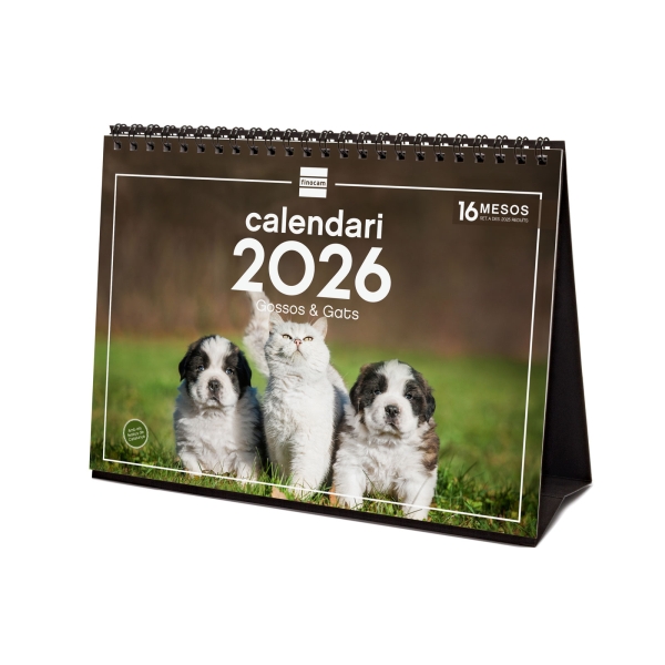 Finocam Calendario de Sobremesa en Catalan - Anual 2026 - Imagenes Variadas - Espacio para Escribir - Tematica de Perros y Gatos