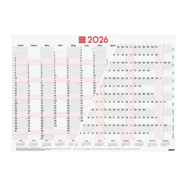 Finocam Planificador de Tipo Poster en Catalan - Anual 2026 - Espacio para Escribir - 680x485mm - Numeros Grandes - Color Blanco y Rojo