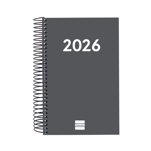 Finocam Espiral Recambio Anual 2026 para Agendas Duo en Catalan - Anual 2026 - Formato E5 - 135x24x181mm - 1 Dia por Pagina - Color Gris Oscuro