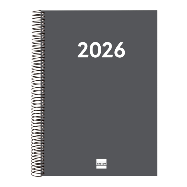 Finocam Espiral Recambio Anual 2026 para Agendas Duo - Anual 2026 - Formato E40 - 230x29x297mm - 1 Dia por Pagina - Color Gris Oscuro
