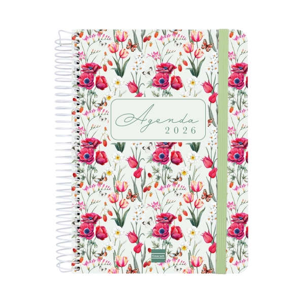 Finocam Cloe Agenda de Espiral en Catalan - Anual 2026 - Planificador - Cierre de Goma - Formato E10 - 175x28x214mm - 1 Dia por Pagina - Color Verde