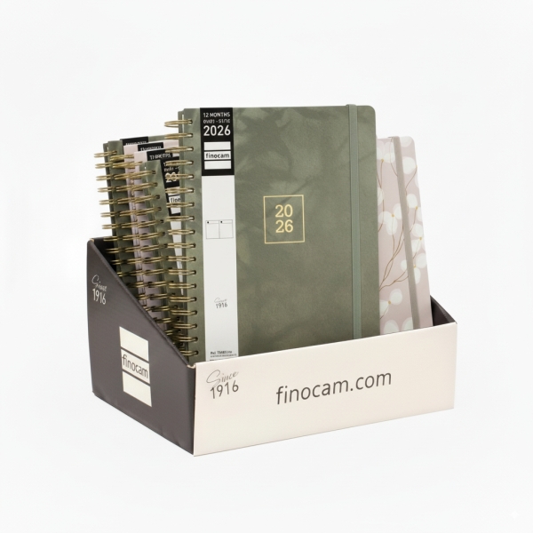 Finocam Optimal Expositor con 8 Agendas de Espiral Surtidas Internacional - Anual 2026 - Planificador - Cierre de Goma - Color Surtidos