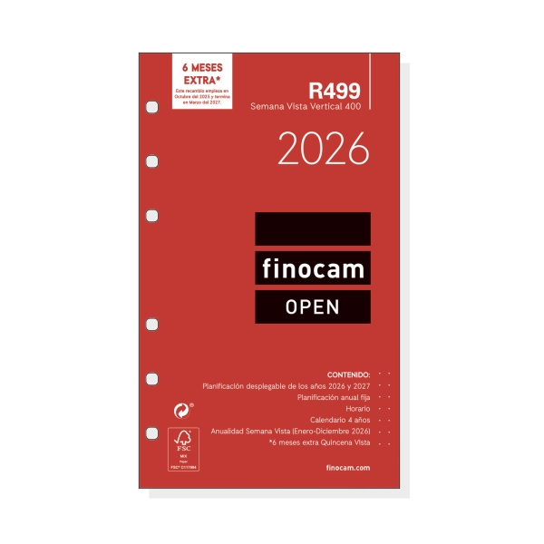 Finocam R499 Recambio Anual 2026 para Agendas Open 2026 - Formato 400 - 91x8x152mm - Semana Vista en Vertical - Color Blanco