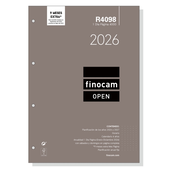 Finocam R4098 Recambio Anual 2026 para Agendas Open 2026 - Formato A4 - 210x17x297mm - 1 Dia por Pagina - Color Blanco