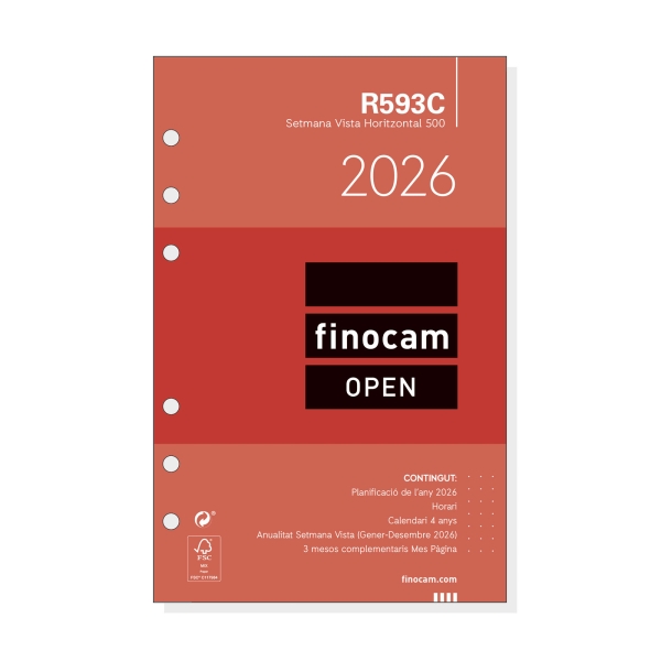 Finocam R593C Recambio Anual 2026 para Agendas Open 2026 en Catalan - Formato 500 - 117x6x181mm - Semana Vista Horizontal - Color Blanco