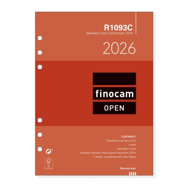 Finocam R1093C Recambio para Agendas Open en Catalan - Anual 2026 - Formato 1000 - 155x6x215mm - Semana Vista Horizontal - Color Blanco