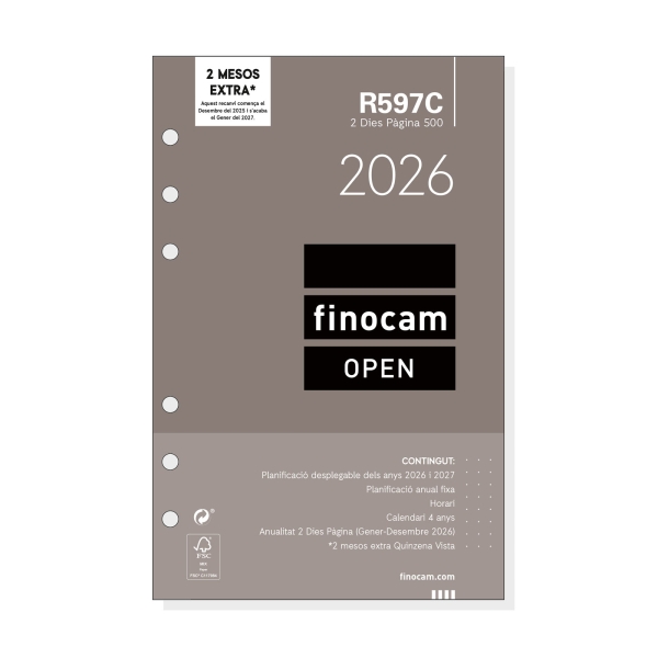 Finocam R597C Recambio Anual 2026 para Agendas Open 2026 en Catalan - Formato 500 - 117x11x181mm - 2 Dias por Pagina - Color Blanco