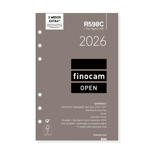 Finocam R598C Recambio Anual 2026 para Agendas Open 2026 en Catalan - Formato 500 - 117x16x181mm - 1 Dia por Pagina - Color Blanco