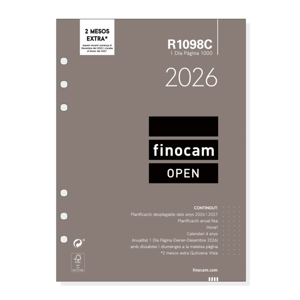 Finocam R1098C Recambio Anual 2026 para Agendas Open 2026 en Catalan - Formato 1000 - 155x15x215mm - 1 Dia por Pagina - Color Blanco