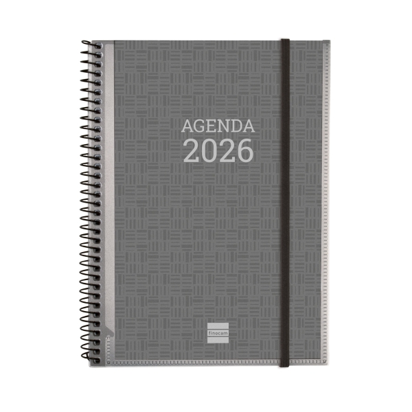 Finocam Basics Agenda - Anual 2026 - con Espiral - Personalizable - Formato E10 - 162x14x212mm - Semana Vista Horizontal - Color Gris
