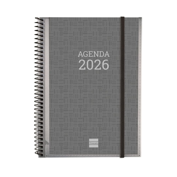 Finocam Agenda Personalizable - Tapa Blanda - Cierre de Goma - Formato E10 - 162x14x212mm - Semana Vista en Vertical - Color Gris