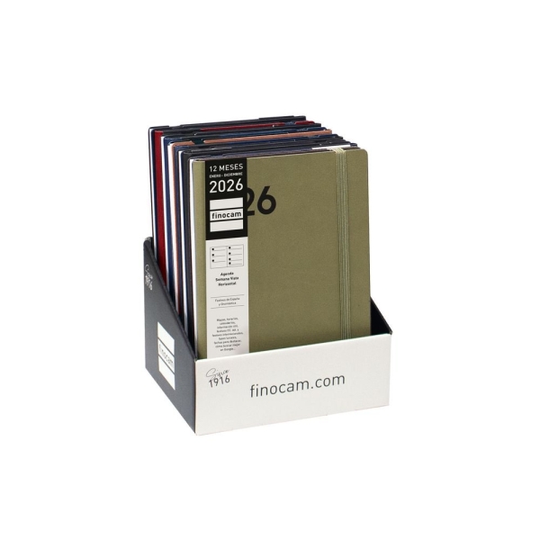 Finocam Dynamic Mara Expositor con 10 Agendas Surtidas en Catalan - Anual 2026 - Tapa Blanda - Cierre con Goma Elastica - Formato Y10 - Semana Vista Horizontal - Color Surtidos