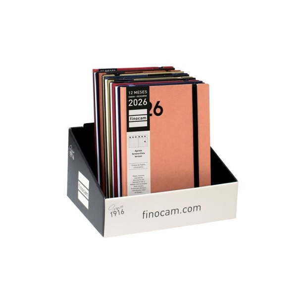Finocam Dynamic Mara Expositor con 14 Agendas Surtidas en Catalan - Anual 2026 - Tapa Blanda - Cierre con Goma Elastica - Formato Y10 - Semana Vista en Vertical - Color Surtidos