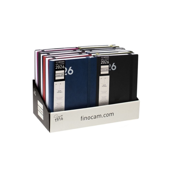 Finocam Dynamic Mara Expositor con 12 Agendas Surtidas en Catalan - Anual 2026 - Tapa Blanda - Cierre con Goma Elastica - Formato Y10 - 1 Dia por Pagina - Color Surtidos
