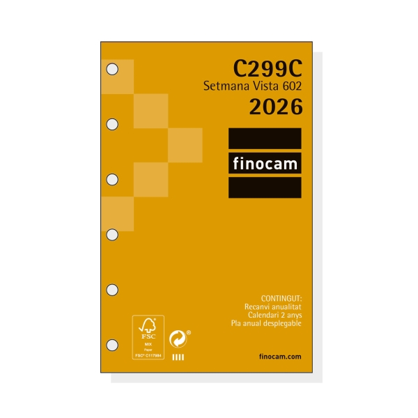Finocam C299C Recambio para Agendas Classic en Catalan - Anual 2026 - Hojas Microperforadas - Formato 602 - 73x6x114mm - Semana Vista Horizontal - Color Blanco
