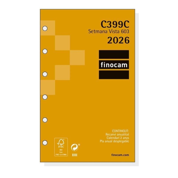 Finocam C399C Recambio para Agendas Classic en Catalan - Anual 2026 - Esquinas Microperforadas - Formato 603 - 79x6x127mm - Semana Vista Horizontal - Color Blanco