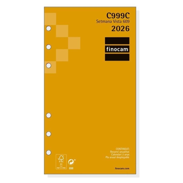 Finocam C999C Recambio para Agendas Classic en Catalan - Anual 2026 - Esquinas Microperforadas - Formato 609 - 94x6x171mm - Semana Vista Horizontal - Color Blanco