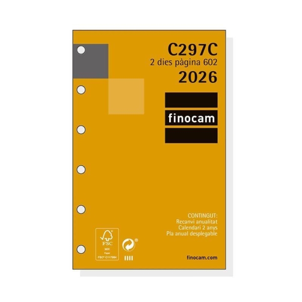 Finocam C297C Recambio para Agendas Classic en Catalan - Anual 2026 - Esquinas Microperforadas - Formato 602 - 73x9x114mm - 2 Dias por Pagina - Color Blanco