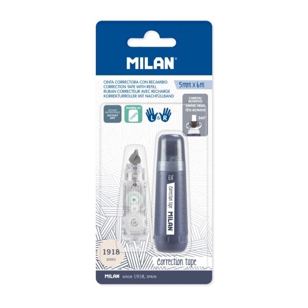 Milan 403 Since 1918 Cinta Correctora - Presentacion en Blister - Incluye Recambio - 5mm x 6m - Color Azul