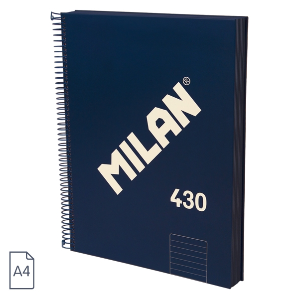 Milan 430 Since 1918 Cuaderno A4 con Espiral - Papel a Lineas de 7mm - 120 Hojas de 95g - Tapa Dura - Color Azul