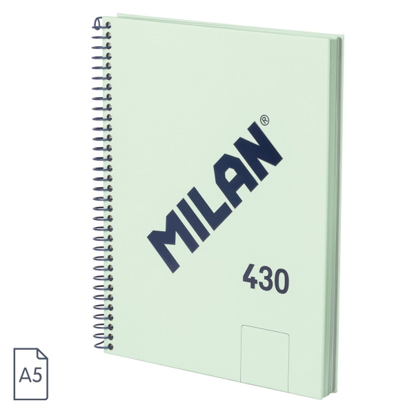Milan 430 Since 1918 Cuaderno A5 con Espiral - Hojas Blancas - 80 Hojas de 95g - Tapa Dura - Color Menta