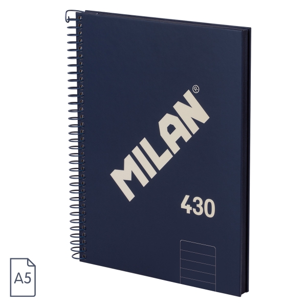 Milan 430 Since 1918 Cuaderno A5 con Espiral - Papel a Lineas de 7mm - 80 Hojas de 95g - Tapa Dura - Color Azul