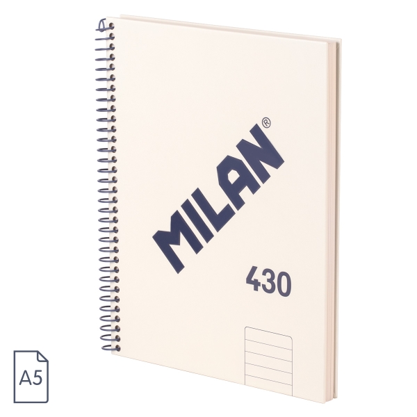 Milan 430 Since 1918 Cuaderno A5 con Espiral - Papel a Lineas de 7mm - 80 Hojas de 95g - Tapa Dura - Color Beige