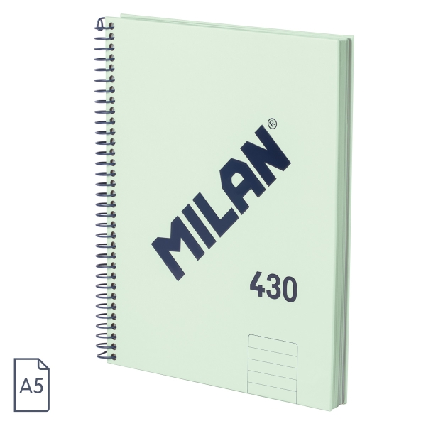 Milan 430 Since 1918 Cuaderno A5 con Espiral - Papel a Lineas de 7mm - 80 Hojas de 95g - Tapa Dura - Color Menta