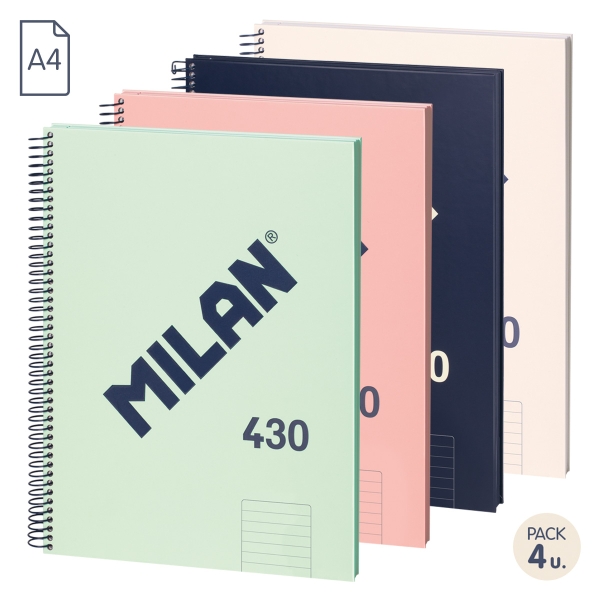 Milan 430 Since 1918 Pack de 4 Cuadernos A4 con Espiral - Papel a Lineas de 7mm - 80 Hojas de 95g - Tapa Dura - Colores Surtidos