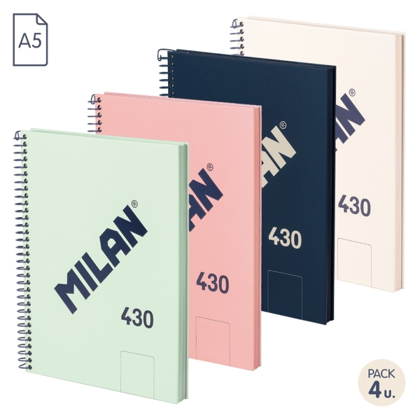 Milan 430 Since 1918 Pack de 4 Cuadernos A5 con Espiral - Hojas Blancas - 80 Hojas de 95g - Tapa Dura - Colores Surtidos