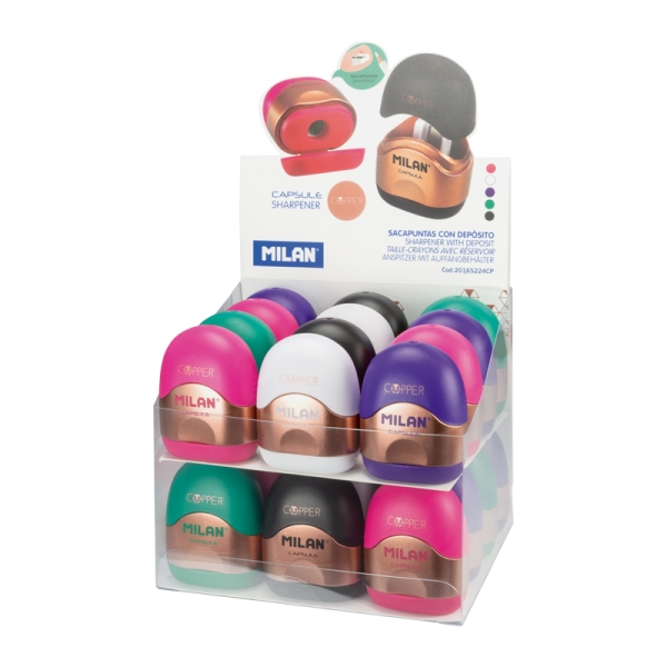 Milan Capsule Copper Expositor con 16 Afilaborras - Deposito Integrado - Cuchilla de Acero de Seguridad - Colores Surtidos