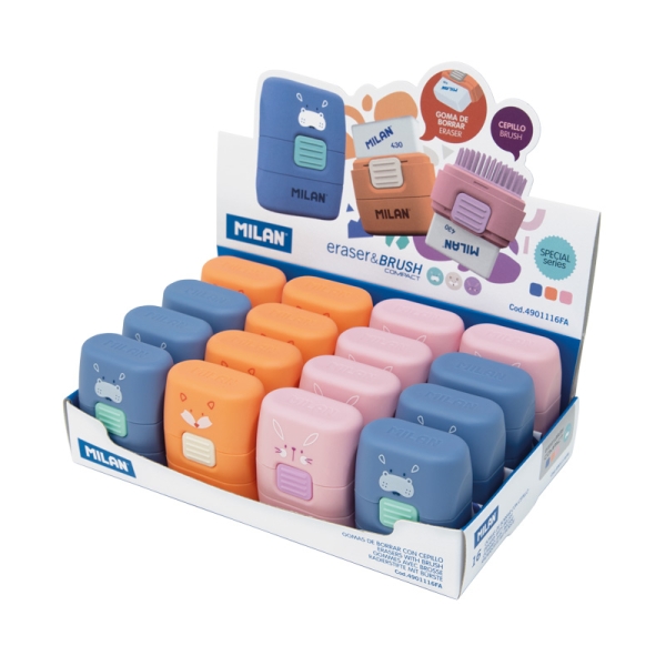 Milan Compact Fun Animals Expositor con 16 Gomas de Borrar con Cepillo - Colores Surtidos
